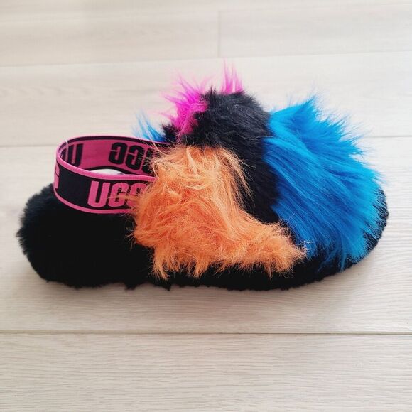 New Ugg Fluff Yeah Party Spots Slide Slippers 7 Black Neon Multi Faux Fur - Picture 1 of 9